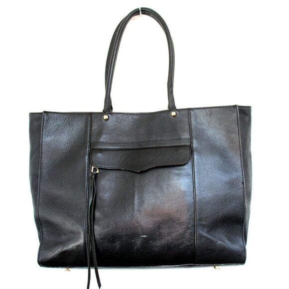 SIGNED BY REBECCA MINKOFF BLACK GENUINE LEATHER TOTE SHOULDER BAG HANDBAG PURSE - Picture 1 of 7